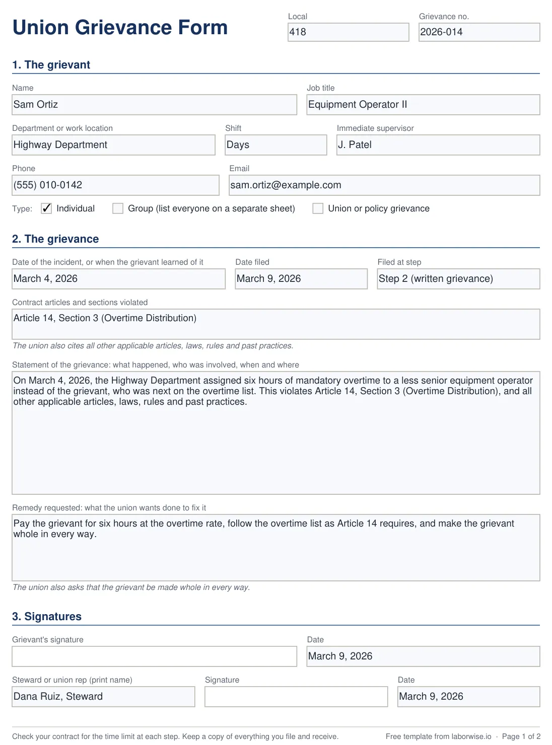 Page one of the grievance form, filled in for a fictional overtime grievance at Local 418.